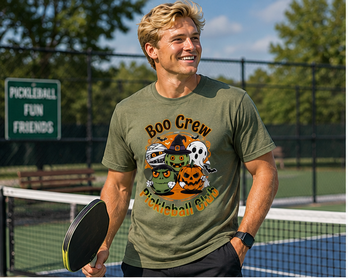 A man wearing an heather military green graphic t-shirt with a 'Boo Crew Pickleball Club' Halloween design, standing on a pickleball court holding a paddle.