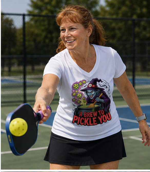 A smiling woman on an outdoor pickleball court wearing a white graphic t-shirt with a witch character and the text 'A BREW TO PICKLE YOU'. She is holding a pickleball paddle with a yellow ball in the foreground.