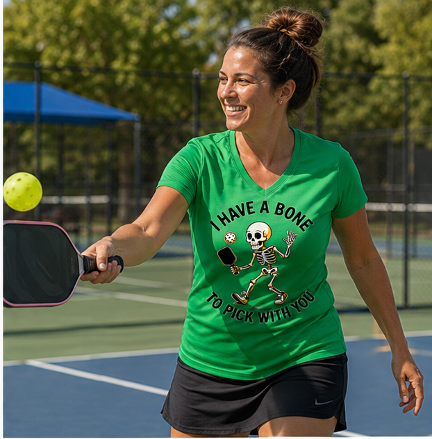 A woman on a pickleball court wearing a bright green V-neck t-shirt with a cartoon skeleton graphic and the text 'I HAVE A BONE TO PICK WITH YOU'.