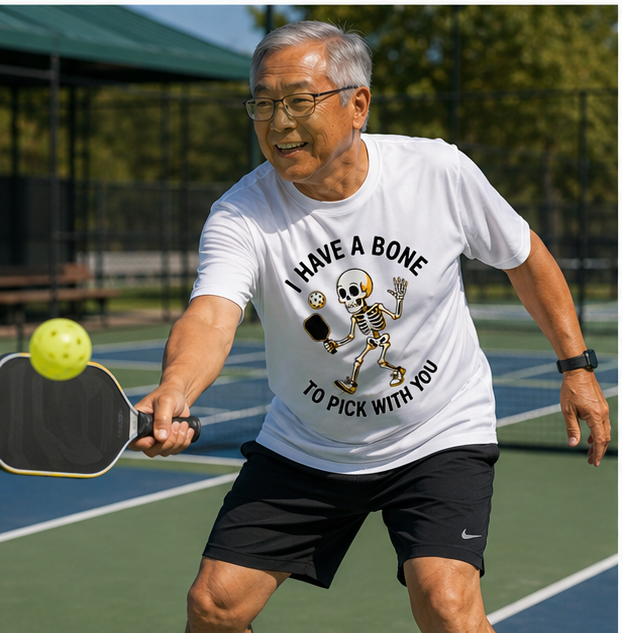 An older man playing pickleball on an outdoor court wearing a white graphic t-shirt with a skeleton holding a pickleball and the text 'I HAVE A BONE TO PICK WITH YOU'.