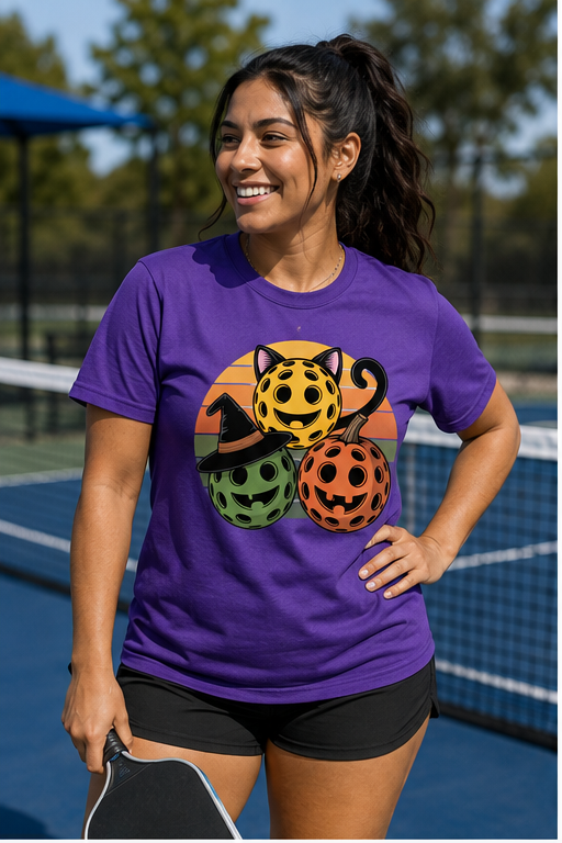 A woman wearing a purple graphic t-shirt with a retro-style background, with a witch-pumpin-cat design, standing on a blue pickleball court.