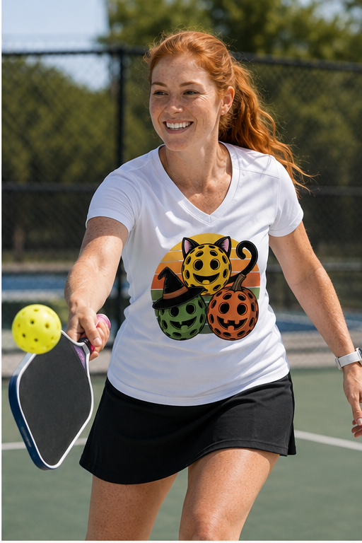 A woman on a pickleball court wearing a white graphic t-shirt with a Halloween cat-pumpkin-witch design, black skirt, and holding a paddle.