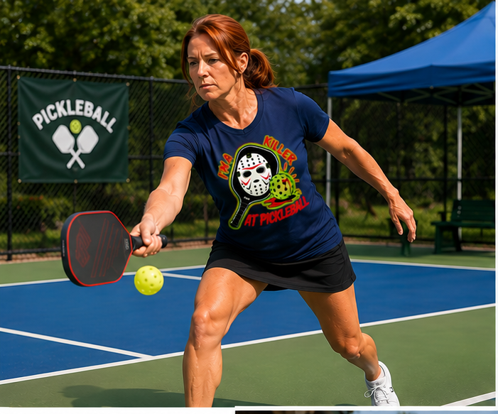 "Woman intensely focused playing pickleball on a blue court wearing a navy 'I'm a Killer at Pickleball' Halloween graphic tee featuring a hockey mask, lunging forward with a red paddle to return a yellow ball, with a Pickleball banner in the background."