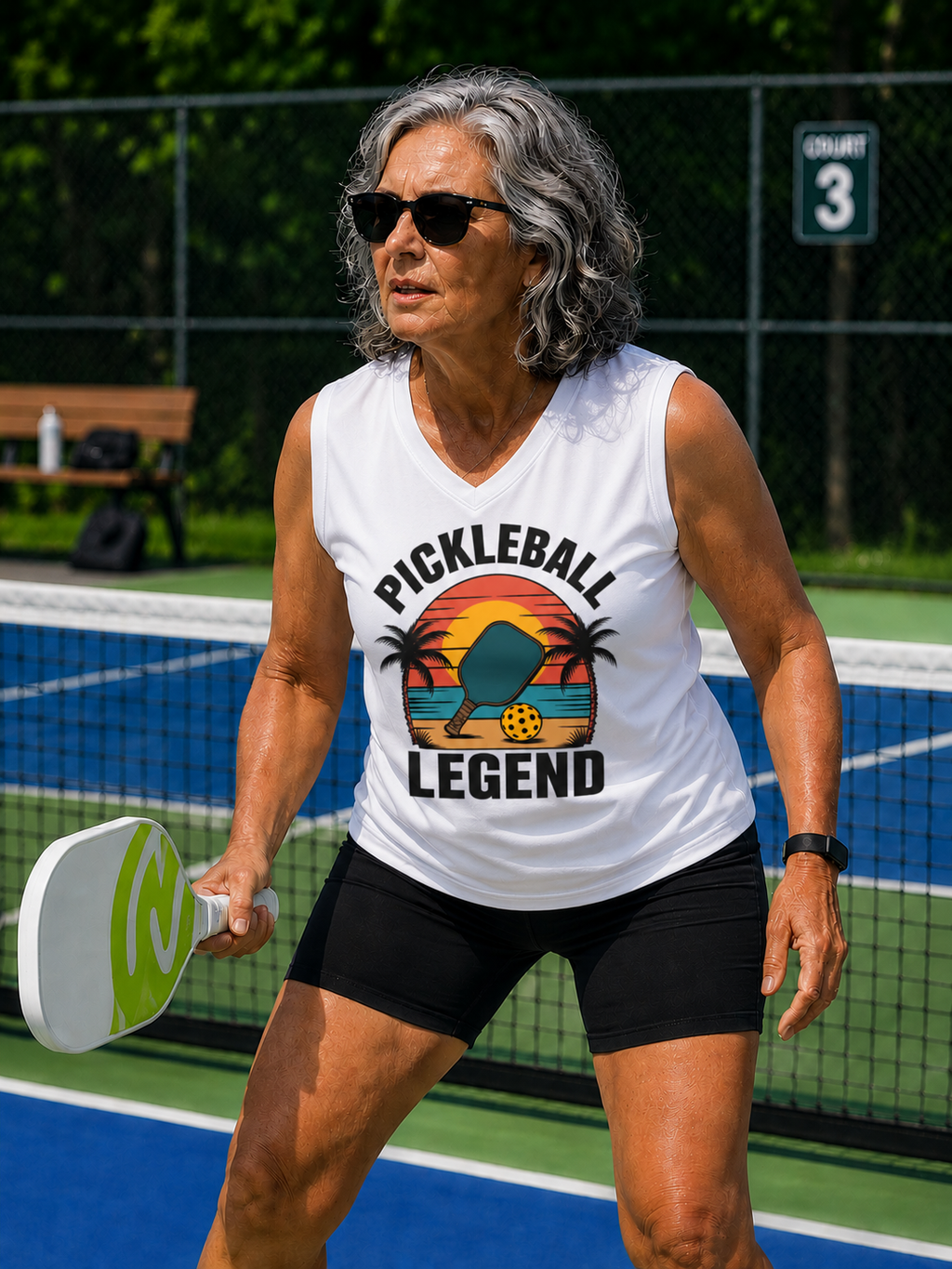 Woman wearing white Tropical Pickleball Legend sleeveless shirt on an outdoor pickleball court, holding a paddle in ready position