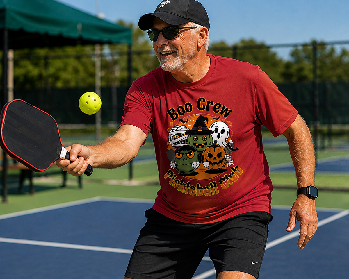A man playing pickleball on an outdoor court wearing a red graphic t-shirt that reads 'Boo Crew Pickleball Club' with Halloween-themed characters, black shorts, and a black cap.