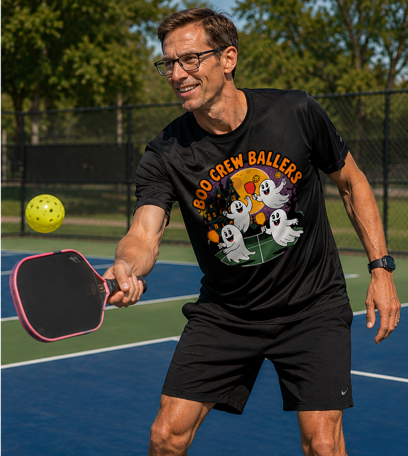 A man playing pickleball on an outdoor court wearing a black graphic t-shirt that reads 'BOO CREW BALLERS' with cartoon ghosts and a pumpkin, paired with black shorts.