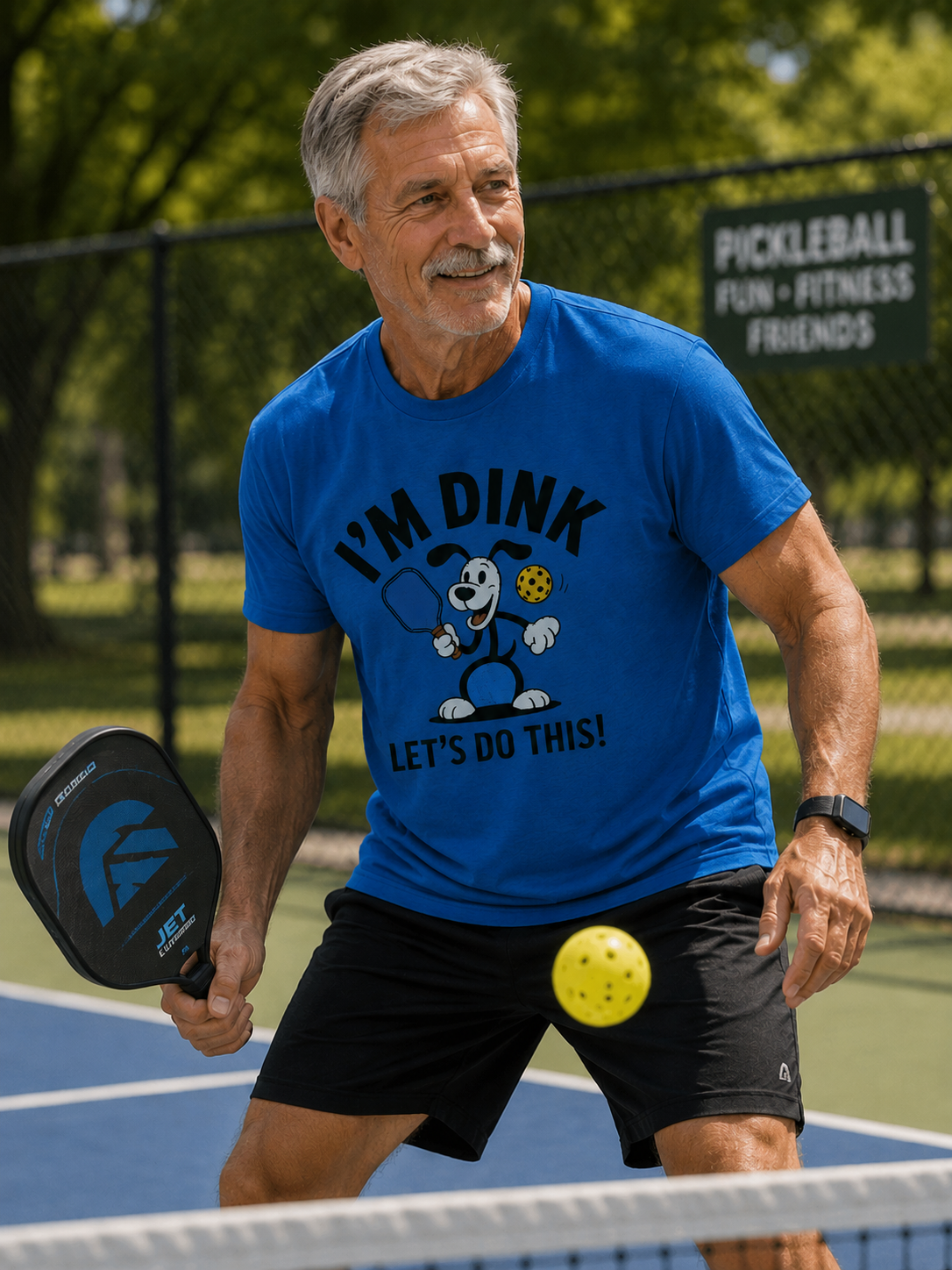 "Man hitting a pickleball on an outdoor court wearing the I'm Dink Let's Do This funny graphic tee in royal blue"