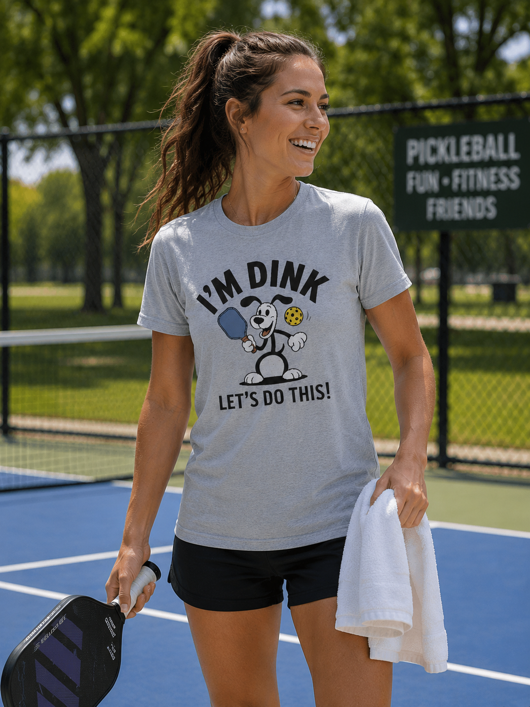 "Woman smiling on an outdoor pickleball court holding a paddle and towel wearing the I'm Dink Let's Do This funny graphic tee in sport grey"