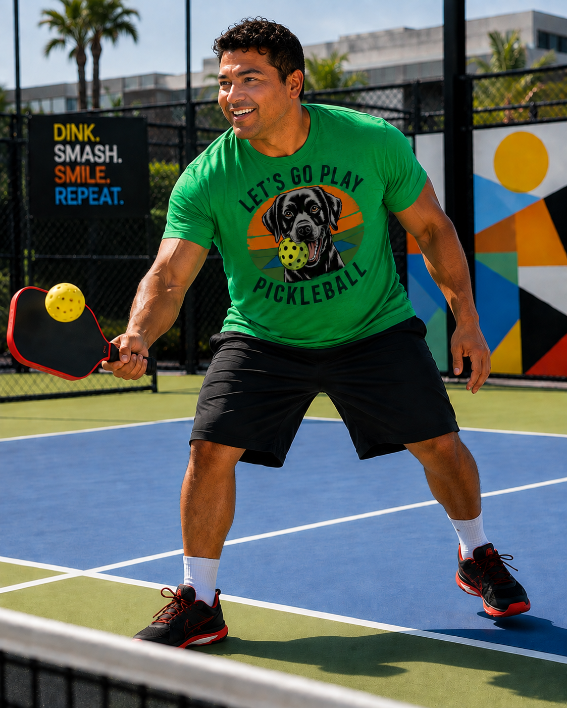 "Man hitting a pickleball on an outdoor court wearing the Black Lab Let's Go Play Pickleball graphic tee in Irish green"