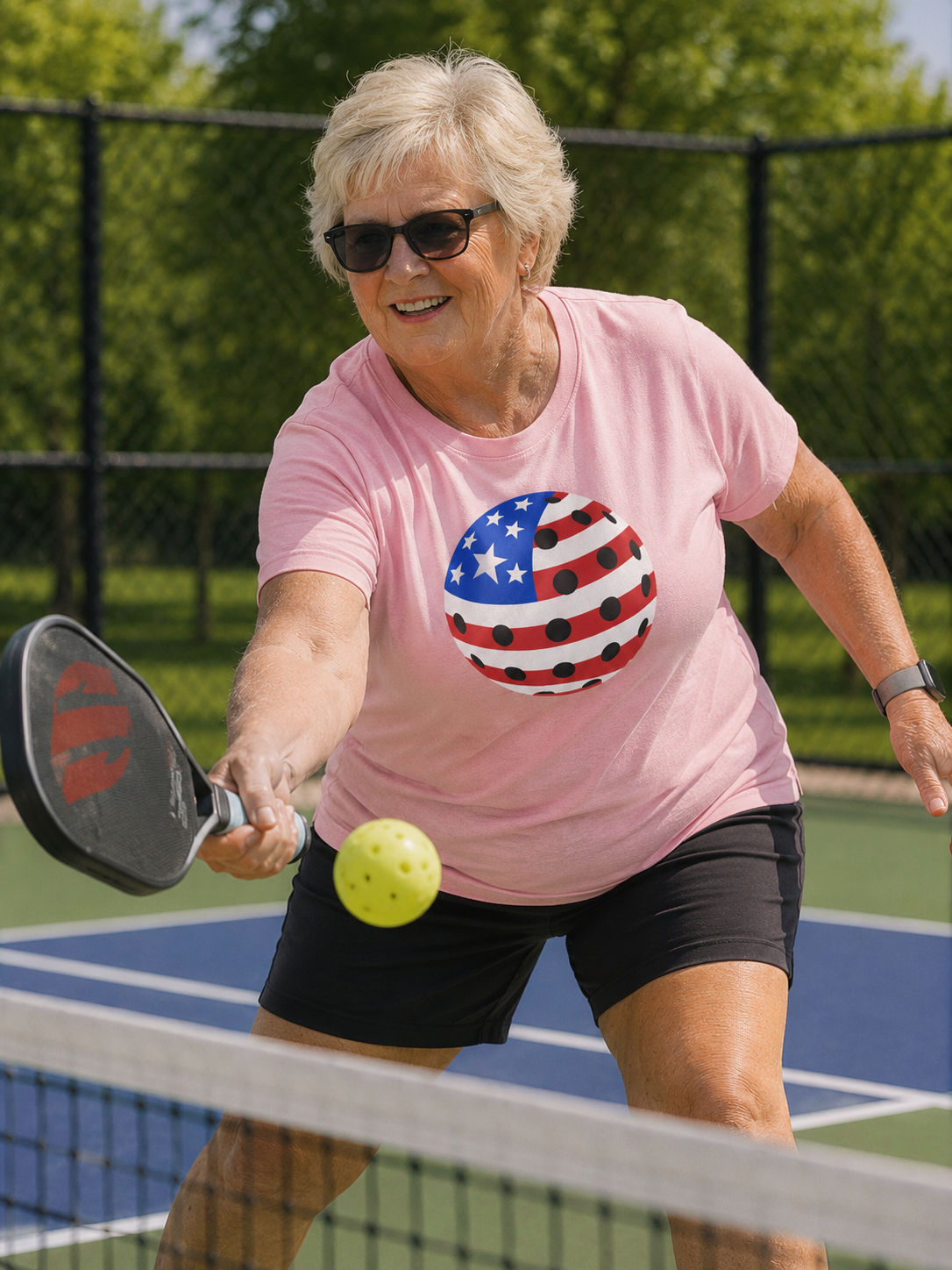 "Woman hitting a pickleball on an outdoor court wearing the USA Pickleball Ball patriotic graphic tee in light pink"