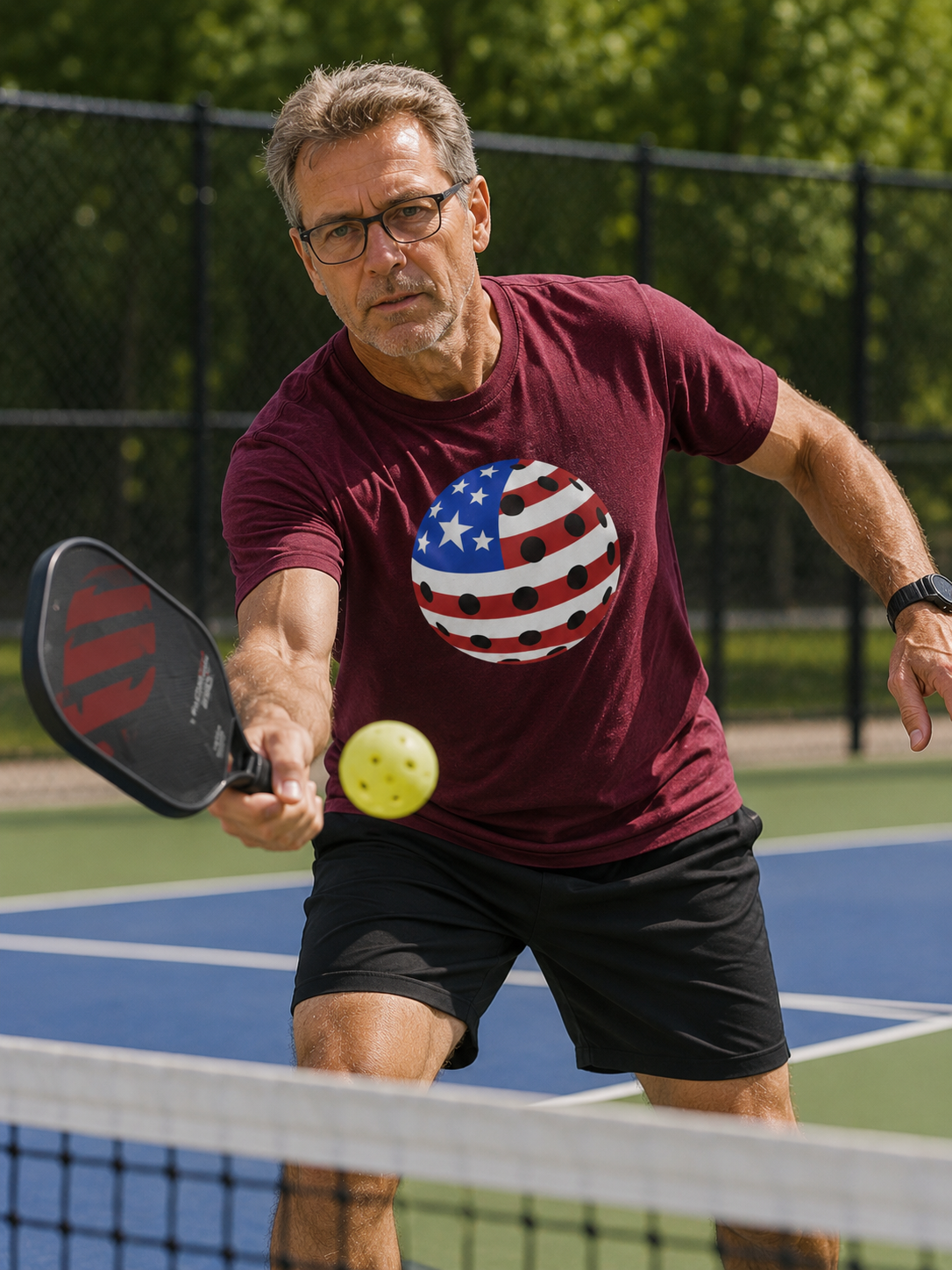 "Man hitting a pickleball on an outdoor court wearing the USA Pickleball Ball patriotic graphic tee in antique cherry red"