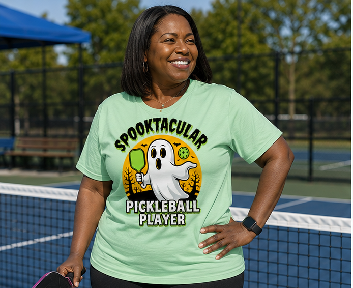 A woman wearing a light green graphic t-shirt with a 'Spooktacular Pickleball Player' cartoon ghost design, standing on an outdoor pickleball court.