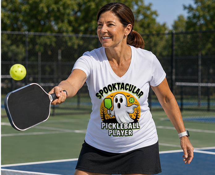 A woman playing pickleball on an outdoor court wearing a white graphic t-shirt that reads 'Spooktacular Pickleball Player' with a cartoon ghost design.