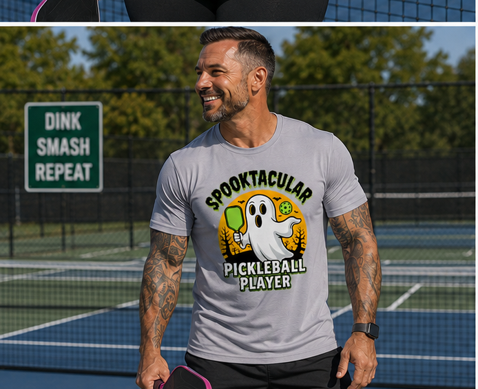 A man on an outdoor pickleball court wearing a light gray graphic t-shirt with a 'SPOOKTACULAR PICKLEBALL PLAYER' cartoon ghost design. The background shows a blue pickleball court, a black fence, and green trees.