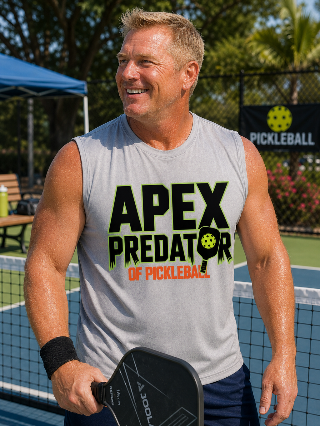 Man smiling courtside holding a pickleball paddle, wearing the Apex Predator of Pickleball graphic muscle tank in Sport Silver