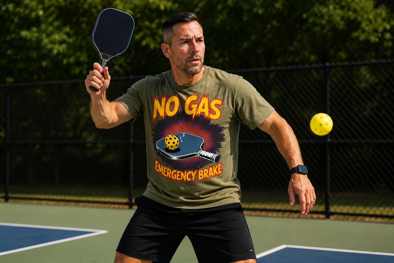"No Gas Emergency Brake Pickleball Shirt - Singles Mockup"