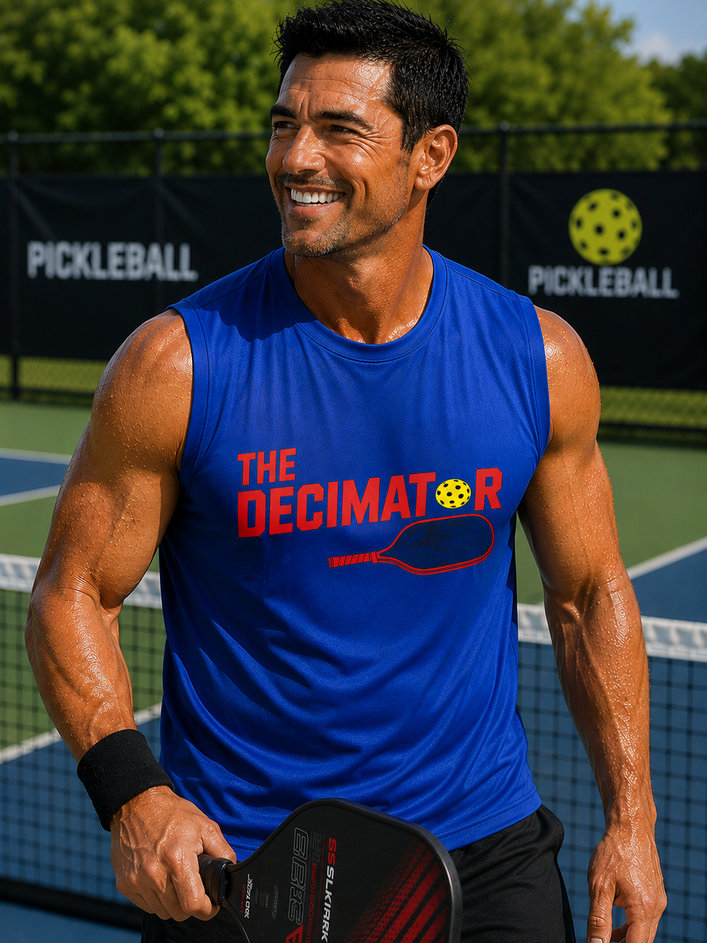 Man smiling on a pickleball court holding a paddle, wearing The Decimator pickleball graphic muscle tank in Sport Royal Blue