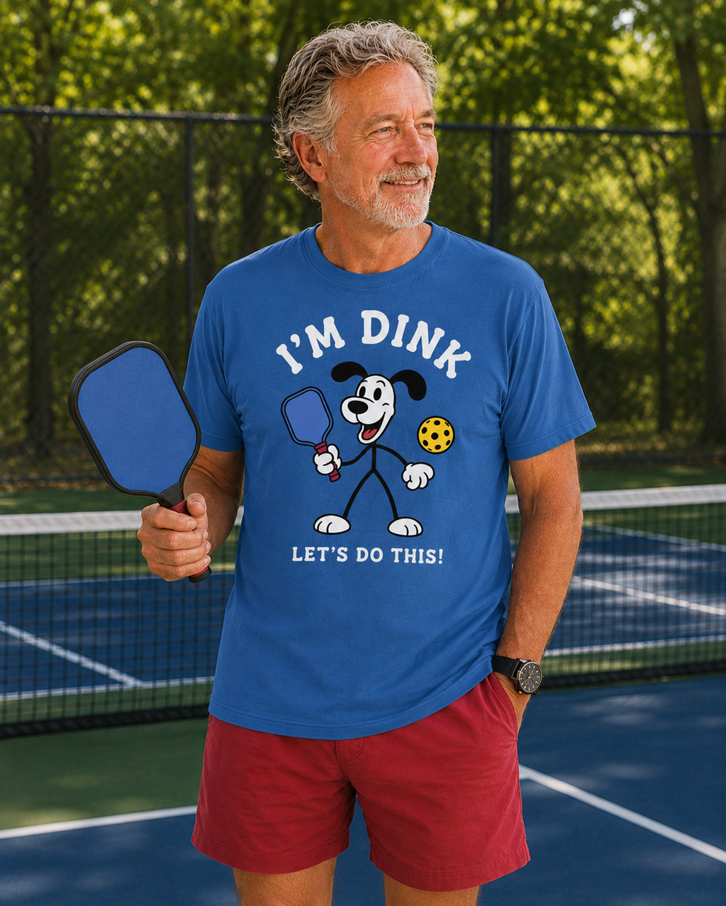 "Person wearing Dink Let's Do This pickleball graphic tee on the court, ready to play"