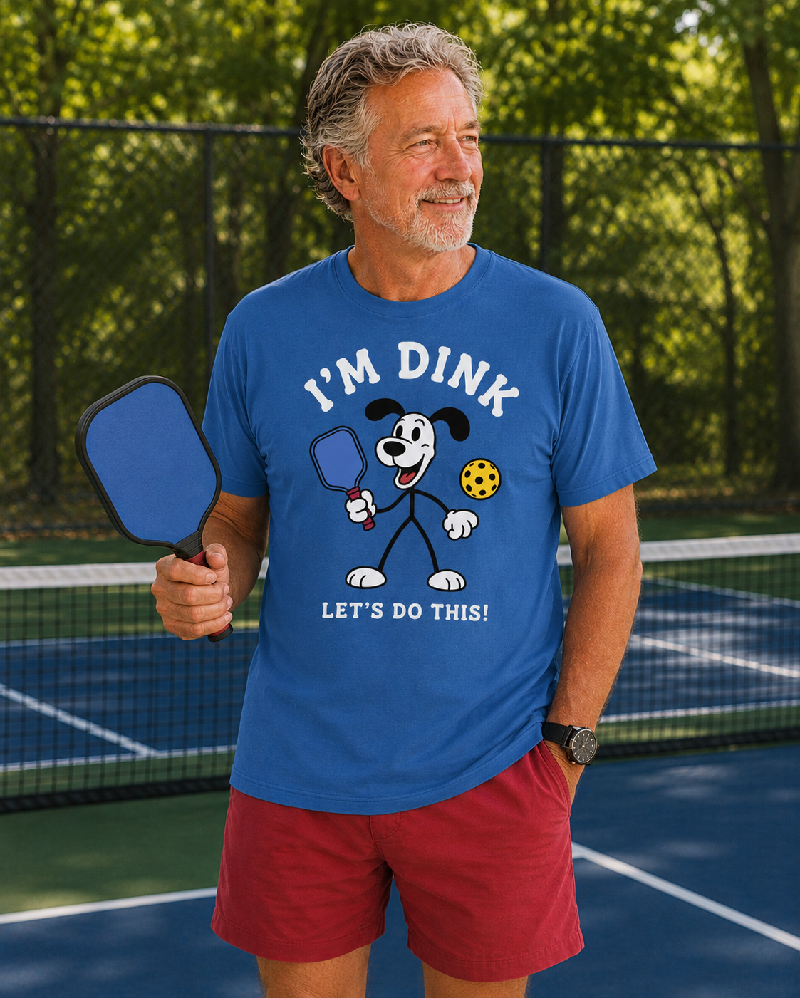 "Person wearing Dink Let's Do This pickleball graphic tee on the court, ready to play"
