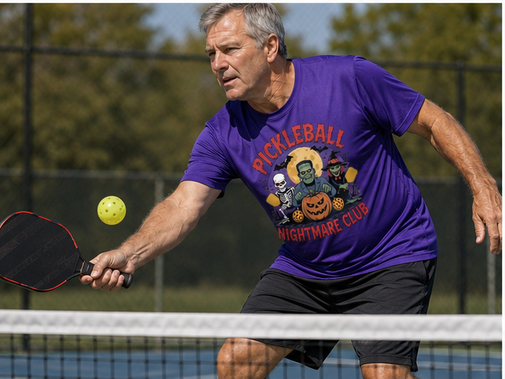 A man playing pickleball outdoors wearing a purple graphic t-shirt that reads 'Pickleball Nightmare Club' with Halloween-themed illustrations, black shorts, and a yellow pickleball in mid-air near his paddle.