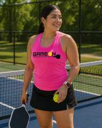 Load image into Gallery viewer, "Woman wearing the Game On Pickleball Racerback Tank – sporty athletic tank top with bold Game On graphic and paddle design"