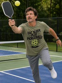 Load image into Gallery viewer, Player wearing Eat Sleep Play Pickleball Repeat graphic tee