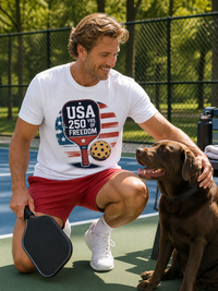 Load image into Gallery viewer, Player wearing USA 250 Freedom Paddle patriotic pickleball graphic tee