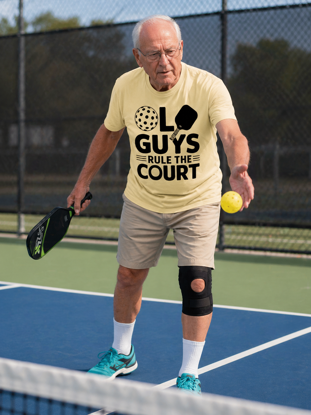 "Old Guys Rule the Court T-Shirt – Men's lifestyle mockup, pickleball graphic tee"