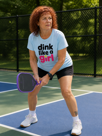 Load image into Gallery viewer, Woman wearing Dink Like A Girl pickleball graphic tee