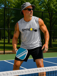 Load image into Gallery viewer, "Man wearing Game On pickleball muscle tank on a pickleball court, athletic sleeveless performance shirt"