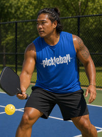 Load image into Gallery viewer, "Man wearing the Pickleball Heartbeat Performance Muscle Tank, showcasing the athletic fit and heartbeat graphic design, ideal for pickleball players on the court"