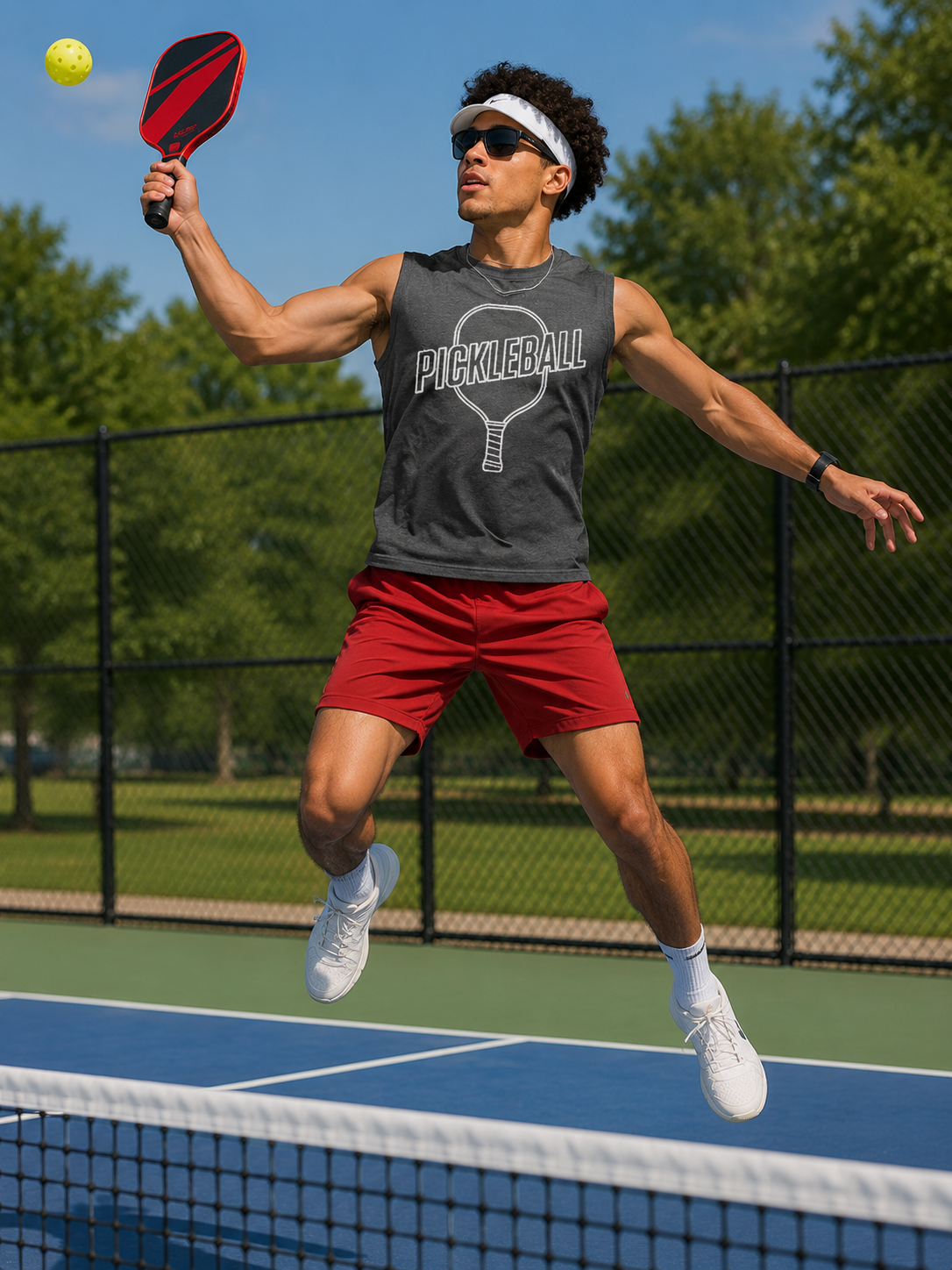 Men's pickleball muscle tank lifestyle photo, moisture wicking sleeveless athletic shirt