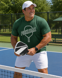 Load image into Gallery viewer, Men's pickleball performance t-shirt lifestyle photo, moisture wicking athletic tee