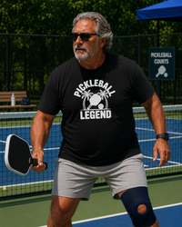 Load image into Gallery viewer, "Person wearing Pickleball Legend Palm Trees T-Shirt, tropical graphic tee lifestyle mockup"