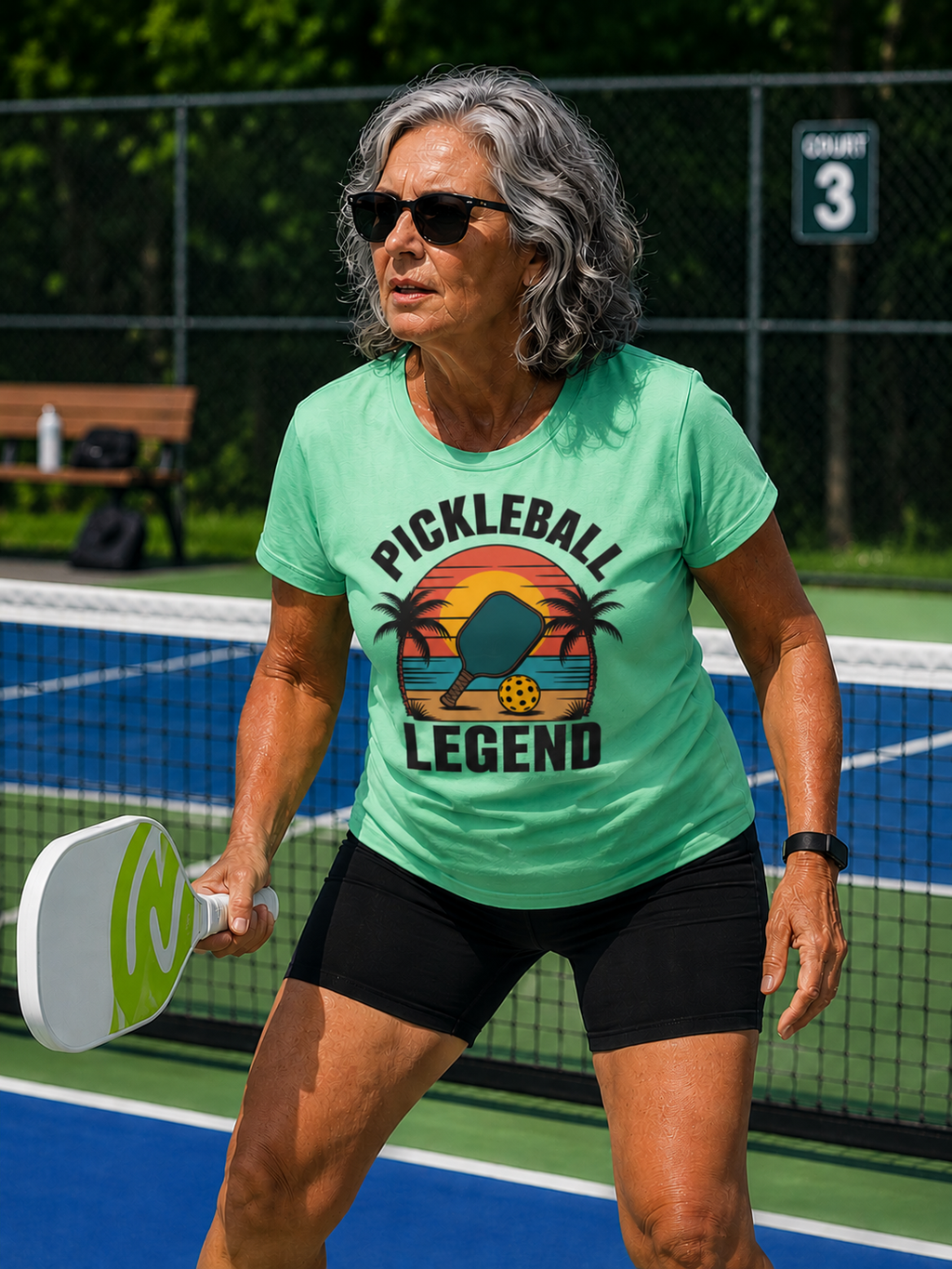 "Model wearing the Tropical Pickleball Legend Palms T-Shirt featuring a retro sunset and palm tree graphic, perfect for pickleball players who love beach vibes"