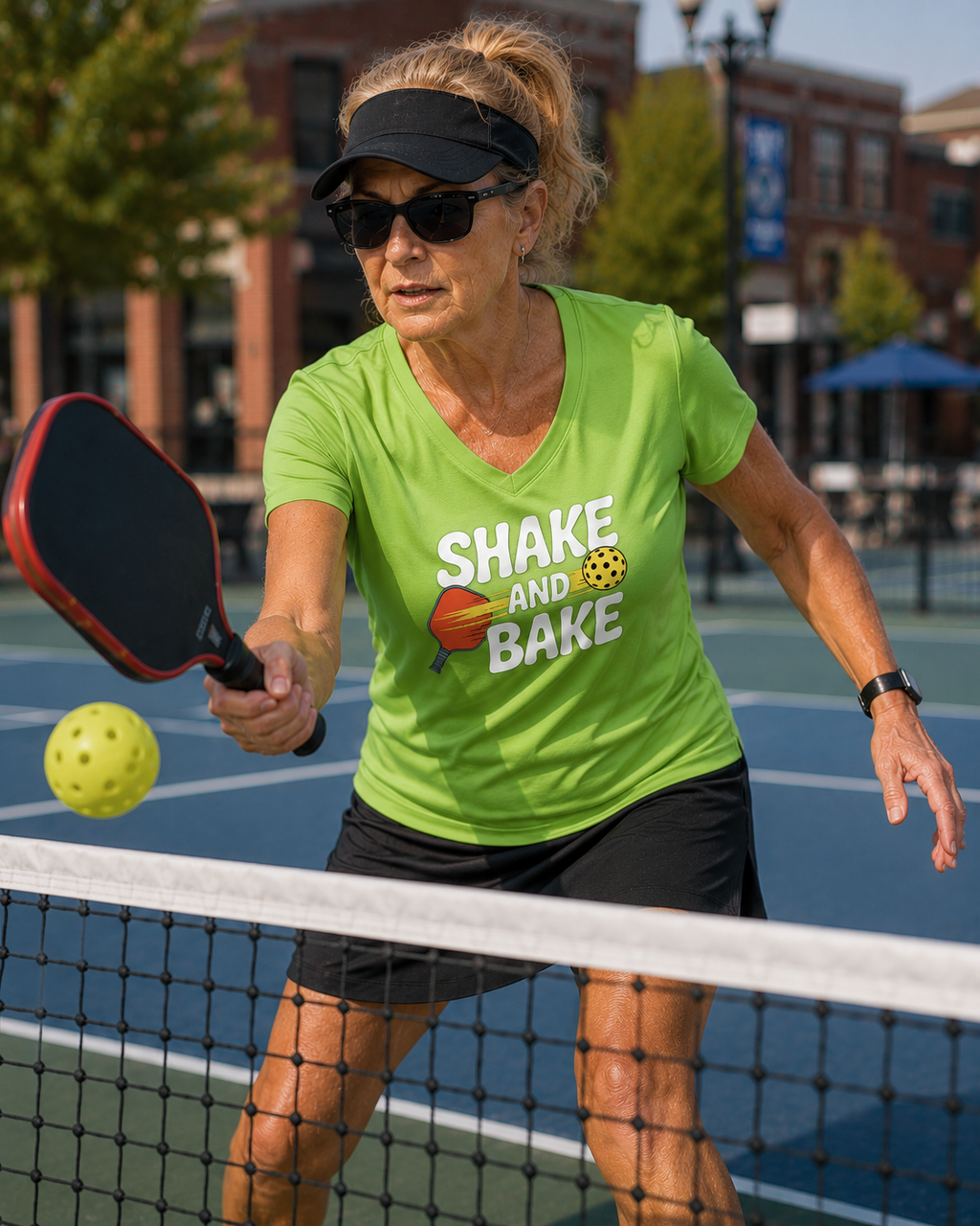 Woman playing pickleball wearing a Shake and Bake moisture-wicking v-neck graphic tee in acid green – FunzyGear