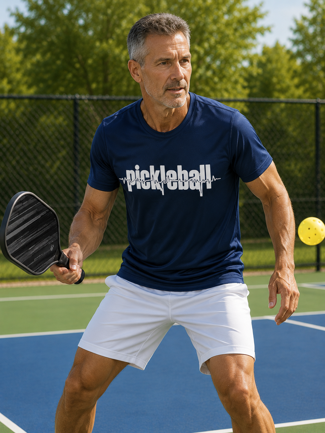 Man playing pickleball on a court wearing a navy blue 'Pickleball' t-shirt.