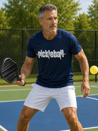 Load image into Gallery viewer, Man playing pickleball on a court wearing a navy blue 'Pickleball' t-shirt.