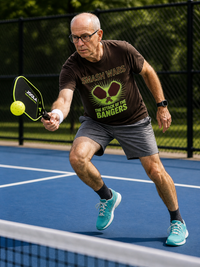 Load image into Gallery viewer, "Man playing pickleball wearing the Smash Wars Attack of the Bangers graphic tee"