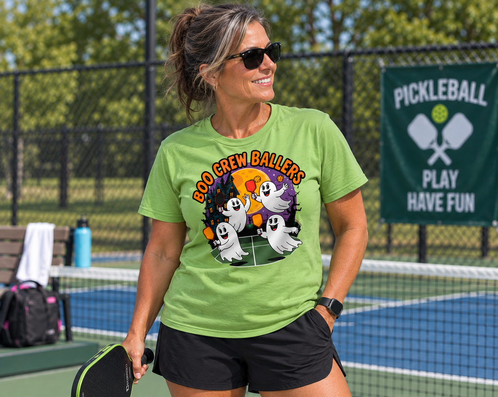Woman wearing a green “Boo Crew Ballers” Halloween pickleball T-shirt while holding a paddle on a pickleball court.