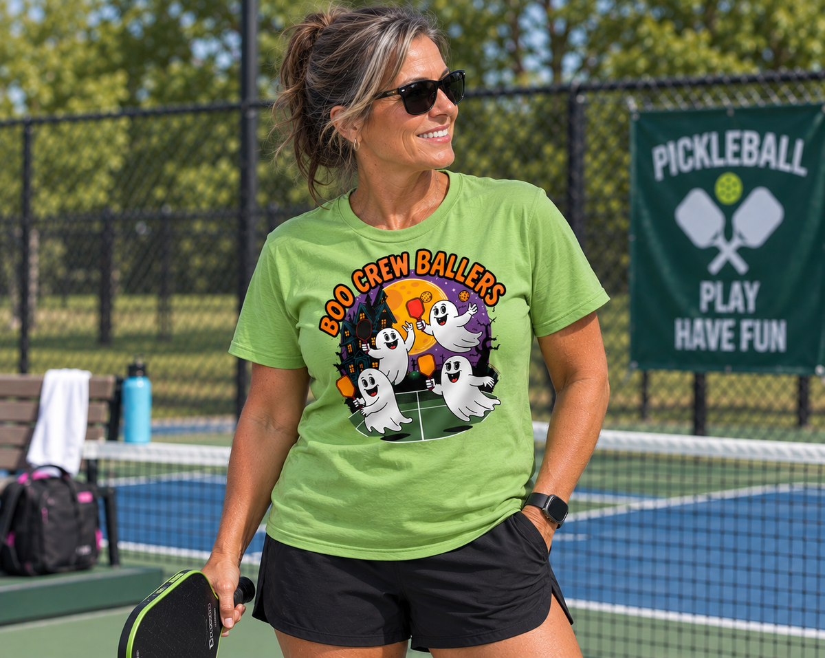 Woman wearing a green “Boo Crew Ballers” Halloween pickleball T-shirt while holding a paddle on a pickleball court.