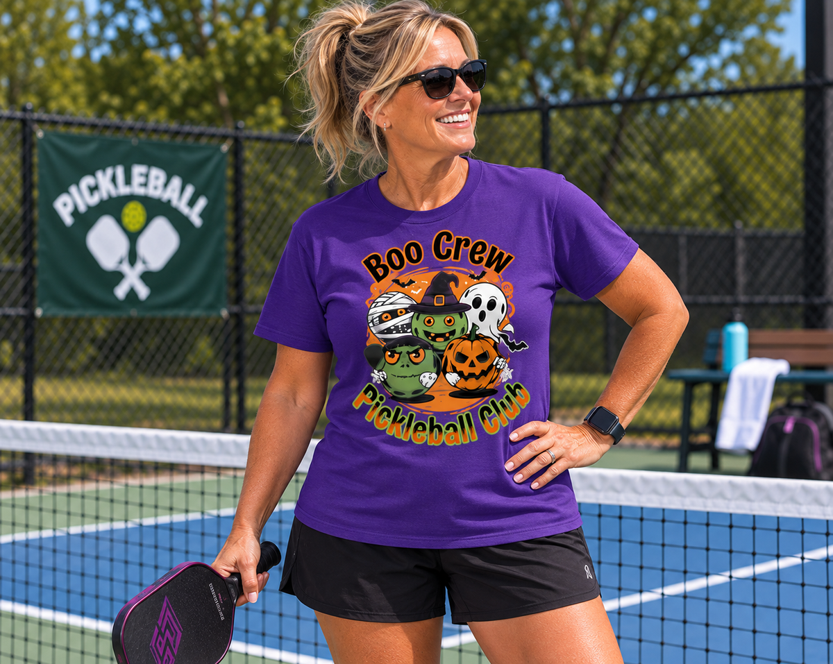 Woman wearing a purple “Boo Crew Pickleball Club” Halloween T-shirt while playing pickleball.