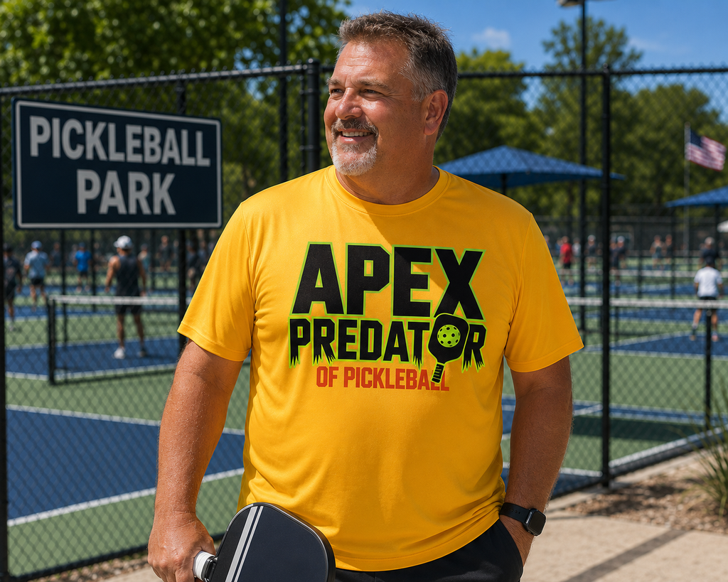 Man smiling at a pickleball park holding a paddle, wearing the Apex Predator of Pickleball moisture-wicking graphic tee in Sport Athletic Gold