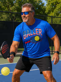 Load image into Gallery viewer, "Man playing pickleball outdoors wearing a royal blue USA Baller patriotic graphic performance t-shirt, in ready position on a blue court"