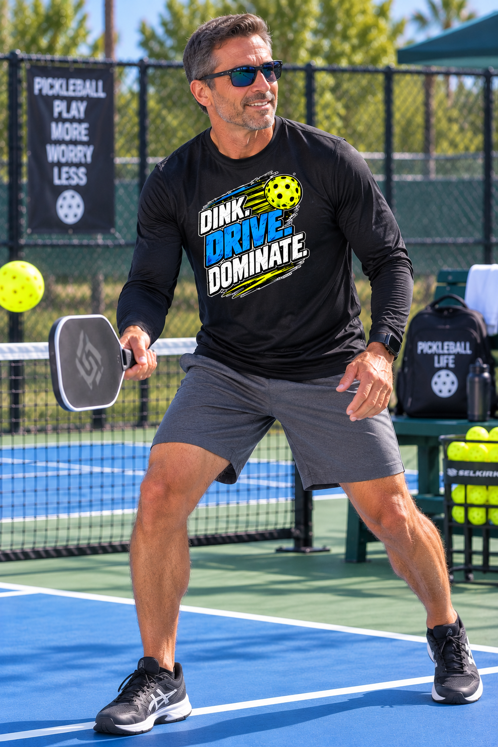 A man on a pickleball court wearing a black long-sleeve athletic shirt with the text 'DINK DRIVE DOMINATE.' in blue and white, paired with gray shorts and black sneakers.
