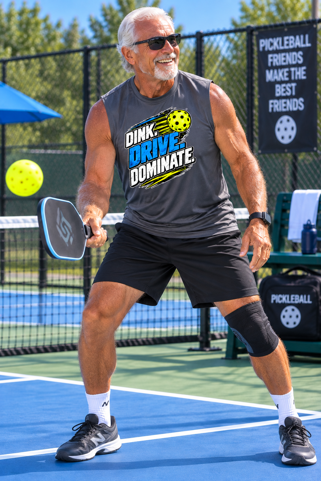 Smiling older man with white hair and sunglasses playing pickleball on a blue outdoor court, wearing a charcoal gray muscle tank with a "Dink. Drive. Dominate." graphic in white, blue and yellow, with black shorts, holding his paddle ready.