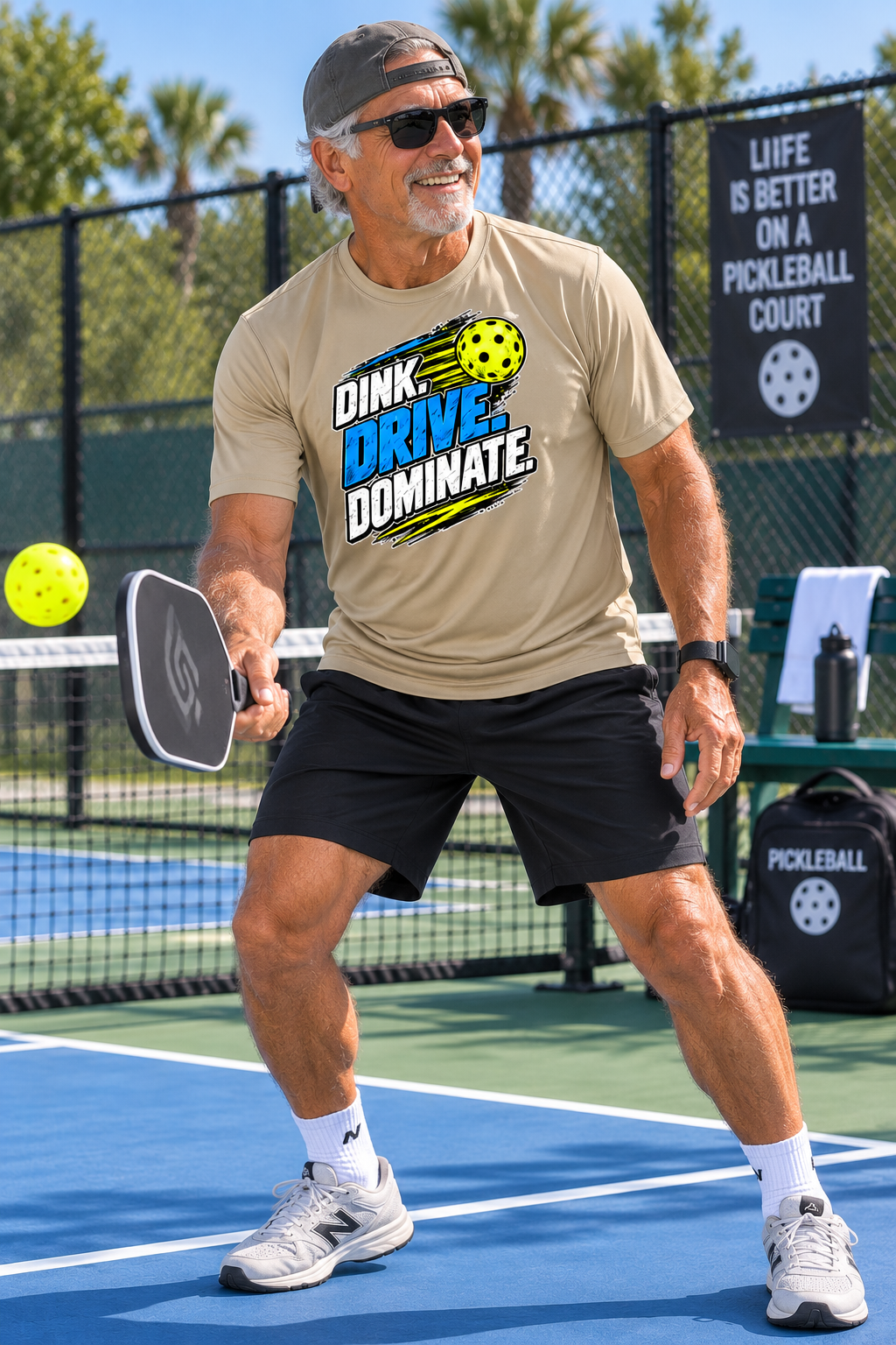 A man on a pickleball court wearing a desert khaki graphic moisture wicking shirt that reads 'DINK DRIVE DOMINATE' with a pickleball graphic, black shorts, and white sneakers, holding a paddle.