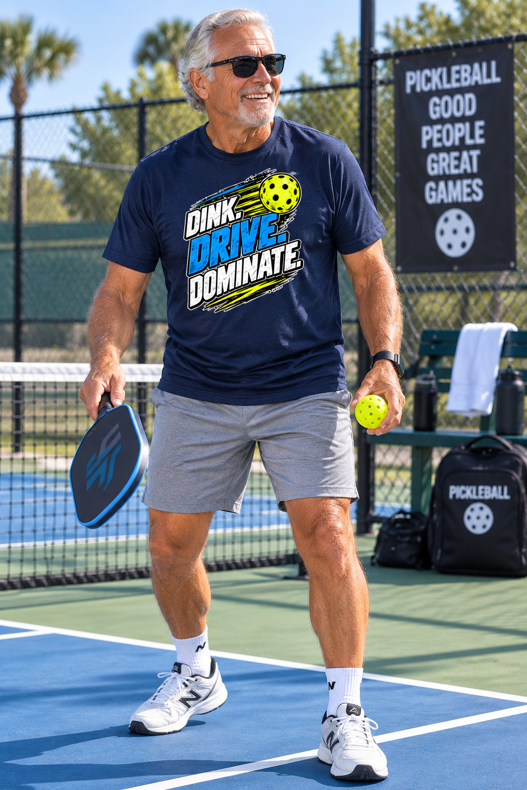 A man on a pickleball court wearing a navy blue graphic t-shirt that reads 'DINK DRIVE DOMINATE.' He is holding a paddle and a pickleball, with a pickleball bag and court visible in the background.