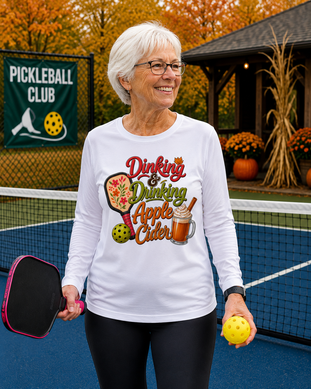 "Older woman smiling and wearing a white 'Dinking & Drinking Apple Cider' graphic long sleeve tee and glasses while holding a pink paddle and yellow pickleball on an outdoor court with a Pickleball Club banner, pumpkins, mums, and autumn foliage in the background"