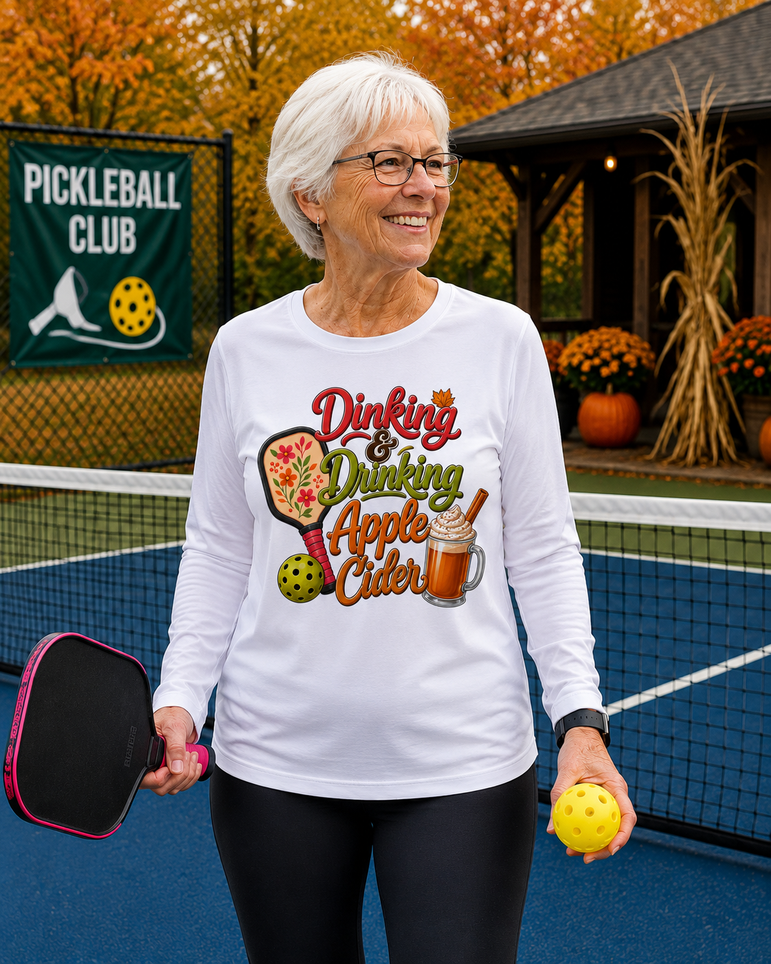 "Older woman smiling and wearing a white 'Dinking & Drinking Apple Cider' graphic long sleeve tee and glasses while holding a pink paddle and yellow pickleball on an outdoor court with a Pickleball Club banner, pumpkins, mums, and autumn foliage in the background"